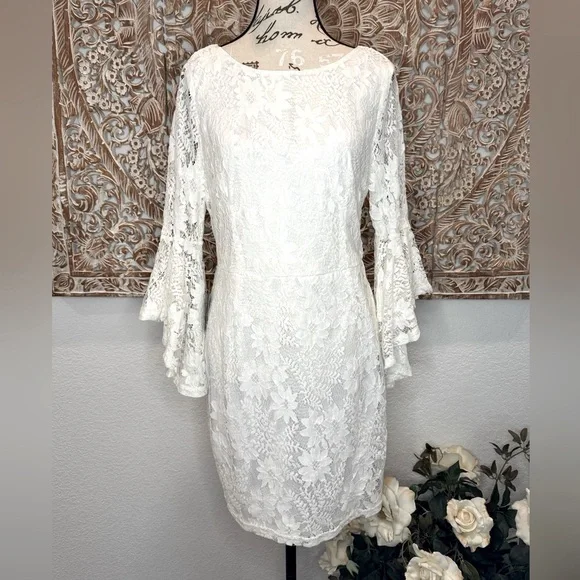 Lulus Allure 'Em In White Lace Bell Sleeve Bodycon Boho Fairycore Mini Dress - Picture 2 of 16